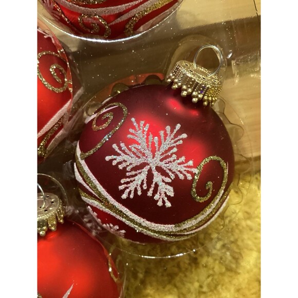 Krebs Glass Christmas Ornaments Red Velvet Balls Gold / White Scrolls Snowflakes - Picture 3 of 9